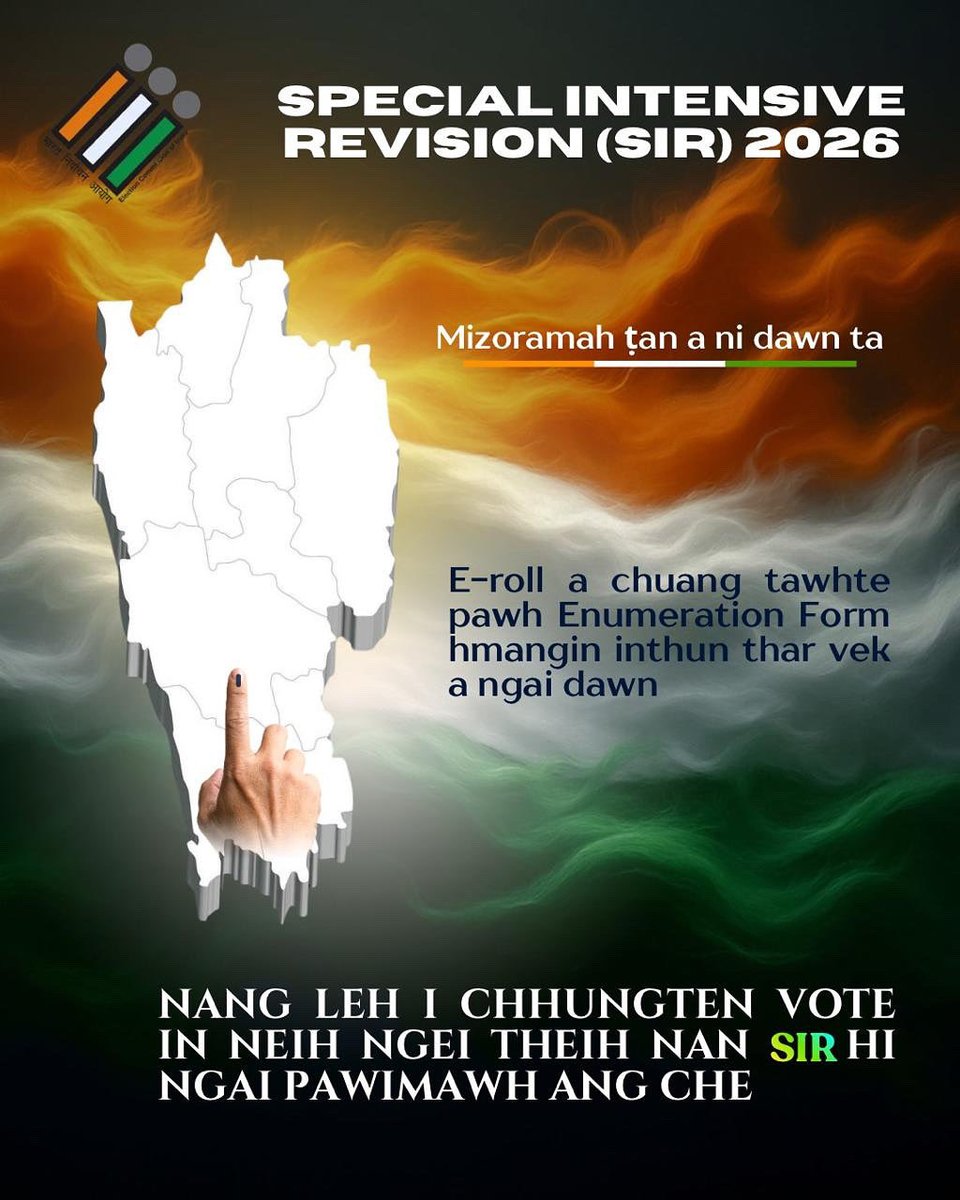 ceomizoram's tweet photo. Special Intensive Revision, 2026 chu Mizoramah kalpui a ni dawn.
@ECISVEEP https://t.co/skwwIQHWvV