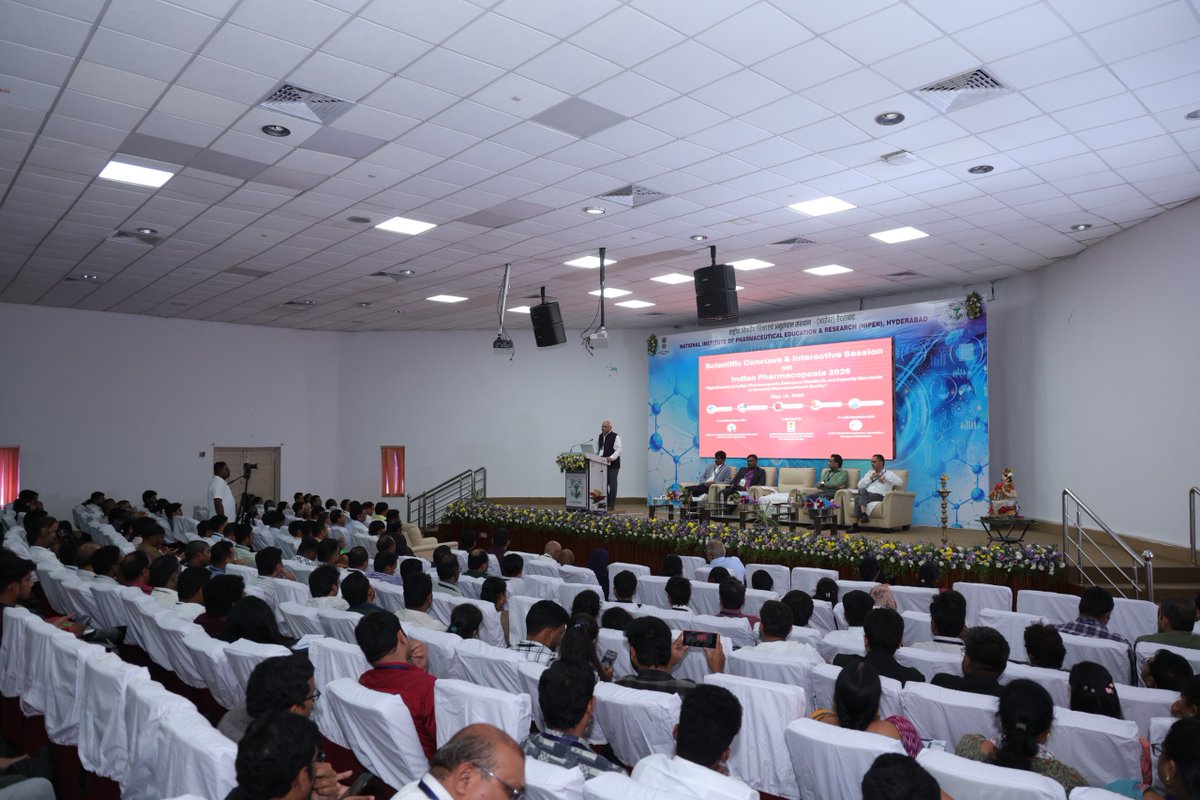 NIPERHyd's tweet photo. Indian Pharmacopoeia Commission (IPC) in collaboration with NIPER Hyderabad &amp; CDSCO South Zone organized a Scientific Conclave on ndian Pharmacopoeia (IP)-2026 at NIPER Hyderabad.  Dr. Shailendra Saraf, Director, NIPER Hyderabad, graced the event as the Chief Guest
@Pharmadept https://t.co/R1oSTZXfBc