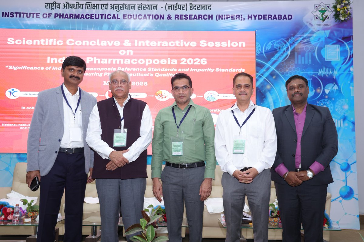 NIPERHyd's tweet photo. Indian Pharmacopoeia Commission (IPC) in collaboration with NIPER Hyderabad &amp; CDSCO South Zone organized a Scientific Conclave on ndian Pharmacopoeia (IP)-2026 at NIPER Hyderabad.  Dr. Shailendra Saraf, Director, NIPER Hyderabad, graced the event as the Chief Guest
@Pharmadept https://t.co/R1oSTZXfBc