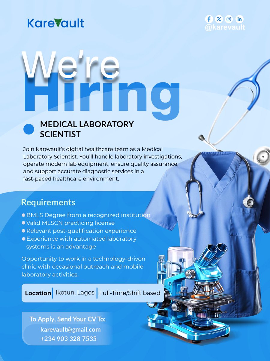 Karevault1's tweet photo. We are looking for a dedicated Medical Laboratory Scientist to join our technology-driven team in Ikotun. 

Take the next step in your career by sending your CV to karevault@gmail.com or reaching out via WhatsApp at +234 903 328 7535. https://t.co/Mr4olTk39g