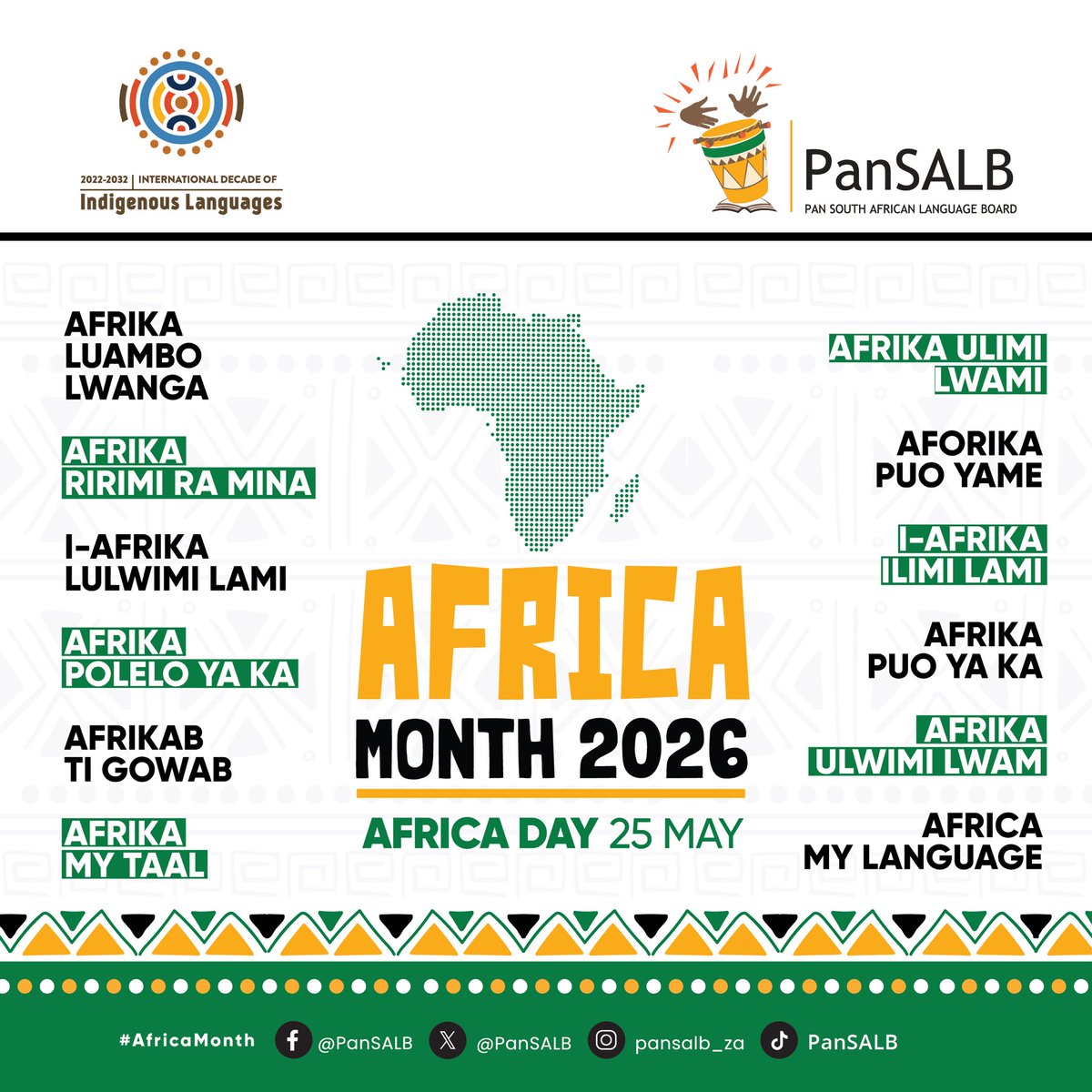 PanSALB's tweet photo. Afrika ririmi ra mina 🌍

The choice of language and the use to which language is put is central to a people’s definition of themselves in relation to their natural and social development, indeed to the entire universe.” Ngugi Wa Thiong’o

#AfricaMonth https://t.co/pi3XCwfQ1U