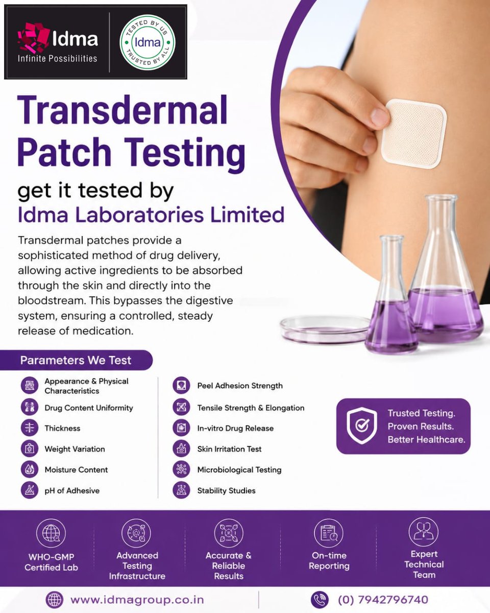 IdmaGroup's tweet photo. Comprehensive Transdermal Patch Testing solutions by Idma Laboratories Limited.
Ensuring quality, performance, safety and regulatory compliance for advanced drug delivery systems.
🌐 https://t.co/fW5wgFwApU
📞 (0) 7942796740

#TransdermalPatch #PatchTesting #IdmaLaboratories https://t.co/A0rUPKUzLW