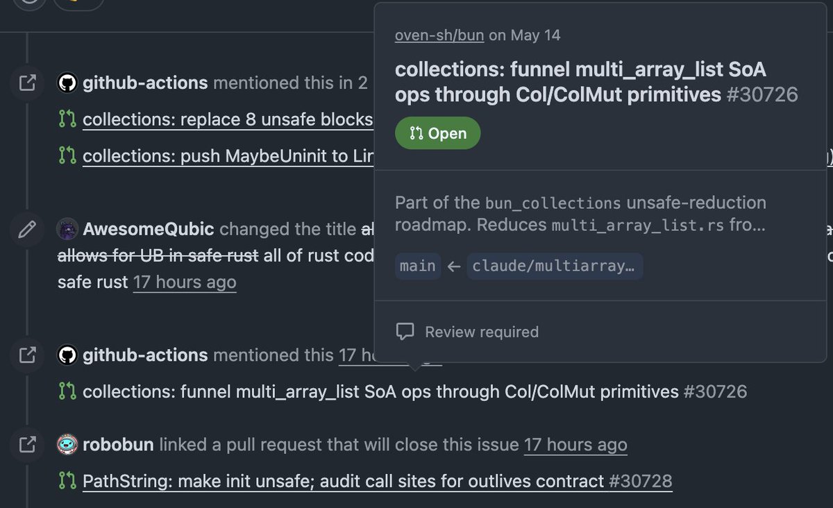 Saszper's tweet photo. Perhaps I'm out of touch. Looking at this issue on the Bun slop rewrite to Rust and its issues almost every branch mentioned is just claude/xyz or whatever tf farm/xyz is meant to be.

Sad to see really

https://t.co/A2G4ZvaQwx https://t.co/HxBc1WWCbd