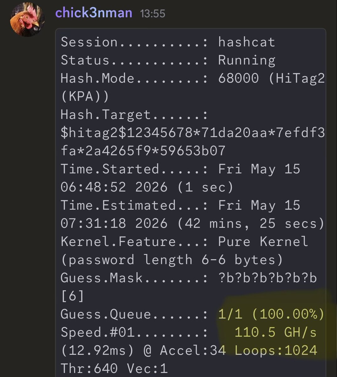 herrmann1001's tweet photo. That is 110.5 GH/s …..

Insane speeds.  

#Hitag2 #bruteforce #proxmark https://t.co/16JqwtXDHN