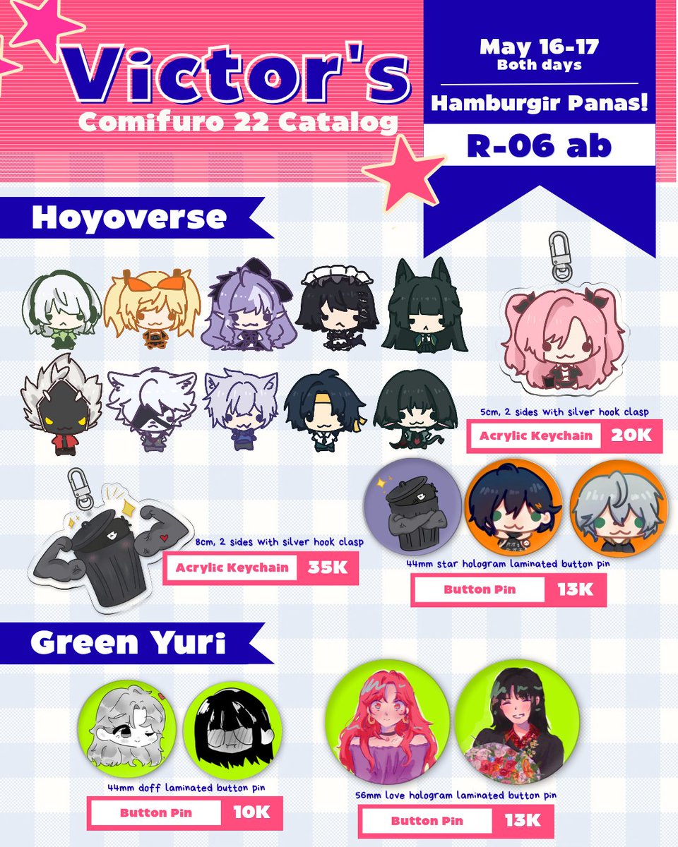 greenxteaa_'s tweet photo. Victor's CF22 Catalog!!!
[Reshare and like are appreciated]

🪑: Hamburgir Panas! R-06 ab
🕯️: Hoyoverse (ZZZ and Jacked Trashcan from HSR), Green Yuri, IDV, Hololive (Holo Myth and Holo ID gen 3), Bocchi The Rock Weezer album meme, Pokemon, Obey Me

#comifuro #cf22 #catalog https://t.co/DpEIuPJ3R2