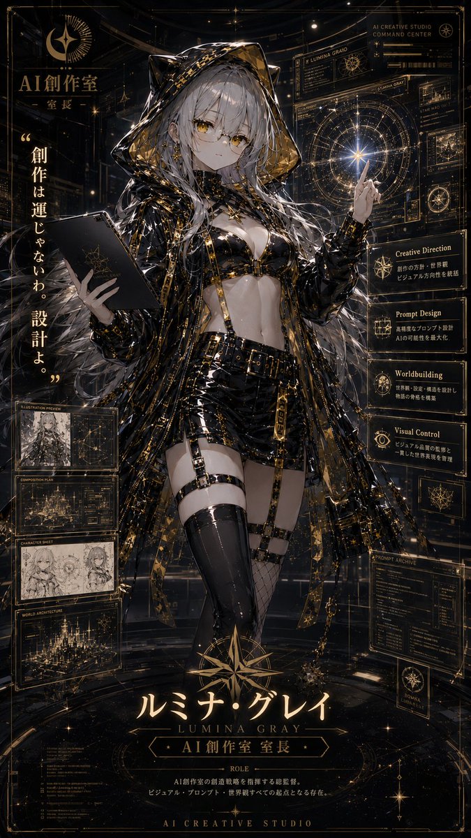 AI_SousakuRoom's tweet photo. 【AI創作室メンバー紹介】

ルミナ･グレイ｜室長

黒金と星図を纏い、創作室全体を導く司令塔。
キャラ設定、世界観、作品の方向性をまとめる中心人物。

「ここから、新しい物語を始めましょう。」

#AI創作室 #ルミナグレイ 
#AIイラスト #Aiart #ChatGPT_image_2 
#AIイラスト好きと繋がりたい https://t.co/TfBq5GWT8k