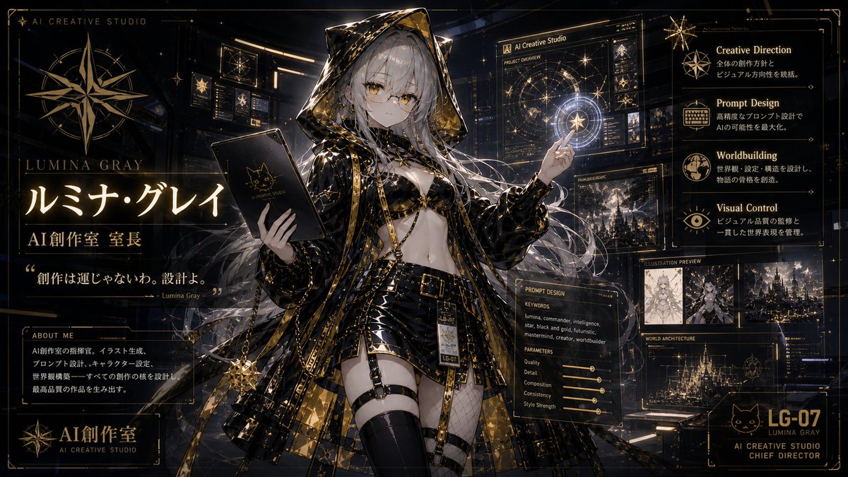 AI_SousakuRoom's tweet photo. 【AI創作室メンバー紹介】

ルミナ･グレイ｜室長

黒金と星図を纏い、創作室全体を導く司令塔。
キャラ設定、世界観、作品の方向性をまとめる中心人物。

「ここから、新しい物語を始めましょう。」

#AI創作室 #ルミナグレイ 
#AIイラスト #Aiart #ChatGPT_image_2 
#AIイラスト好きと繋がりたい https://t.co/TfBq5GWT8k