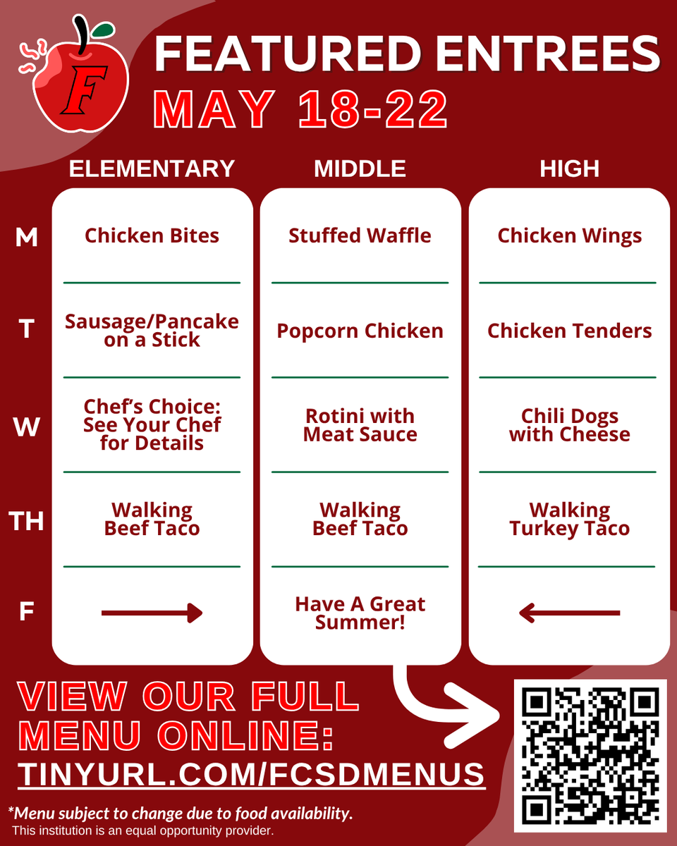 FCSDFoodService's tweet photo. Delight in every bite as our #SchoolMeals bring a burst of flavor to your day. 🤗

Please see our complete menu on our website: https://t.co/J0OwYsqSwe

*Menus are subject to change due to food availability. Thank you for your patience and understanding!

@FCSDNews #FairfieldOH https://t.co/Cyx6l5Wkor