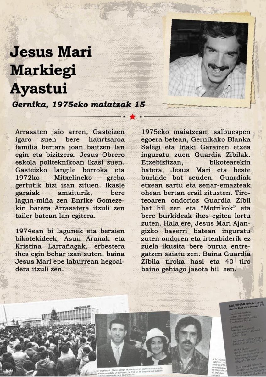SortuArrasate's tweet photo. ▶️ 1975-05-15

Gaurko egunez duela 51 urte ETAko kide Jesus Maria Markiegi Aiastui arrasatearra tiroz hil zuen Guardia Zibilak segada batean Gernikan.

#Memoria
#Arrasate https://t.co/hTyoPAxgAl