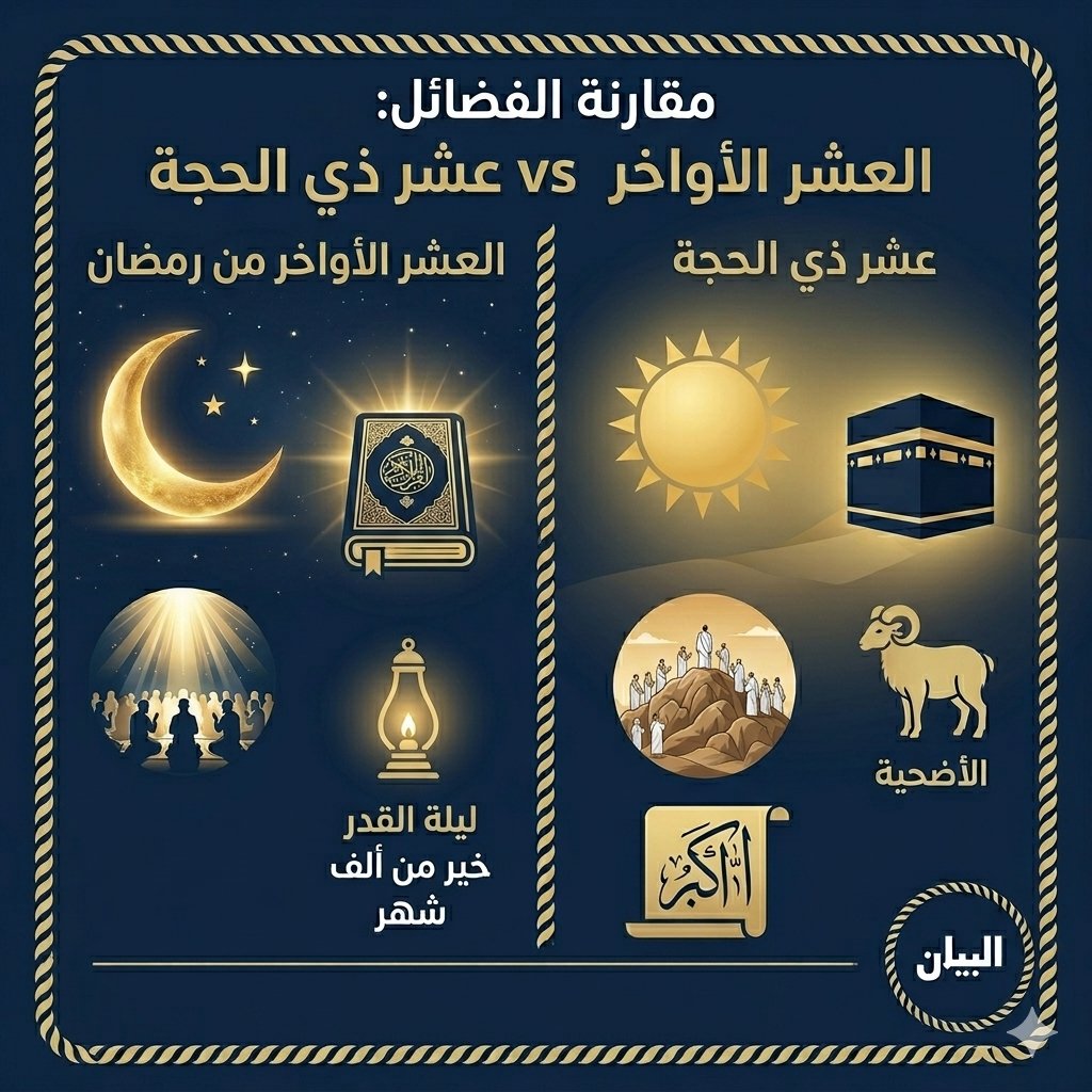 StatementBayan's tweet photo. في كل عام يتكرر سؤال عن الأفضلية بين عشر ذي الحجة والعشر الأواخر من رمضان..
والحقيقة أن هذا السؤال لا يُفهم على وجهه إلا إذا أدركنا أن الشريعة لا تضع المواسم في حالة "تنافس"، بل في حالة "تكامل"، ولكل موسم ميزته التي اختصه الله بها.

فعشر ذي الحجة امتازت بفضل الأيام، حتى قال النبي ﷺ فيها: "ما من أيام العمل الصالح فيهن أحب إلى الله من هذه الأيام".
وفيها تجتمع أمهات العبادات: الصلاة، والصيام، والصدقة، والحج، وفيها يوم عرفة ويوم النحر، وهما من أعظم أيام الله.

أما العشر الأواخر من رمضان، فامتازت بفضل الليالي، وفيها ليلة القدر التي هي خير من ألف شهر، وكان النبي ﷺ يحيي لياليها كلها اجتهادًا وعبادة.

ولهذا جاء التفصيل الدقيق الذي ذكره أهل العلم، واختاره شيخ الإسلام ابن تيمية أن "أيام عشر ذي الحجة أفضل من أيام العشر الأواخر من رمضان، وليالي العشر الأواخر من رمضان أفضل من ليالي عشر ذي الحجة".

وبهذا يزول الإشكال الذي يتكرر كل عام؛ فالمسألة ليست عن أيهما "يلغي" الآخر، بل كيف يعرف المسلم قدر كل موسم، ويغتنم ما فيه من أبواب القرب والطاعة.
فليس الموفق من ينشغل بالمفاضلة المجردة، بل من يدرك أن أعمارنا أقصر من أن نضيع مواسم الخير بالجدل حولها.