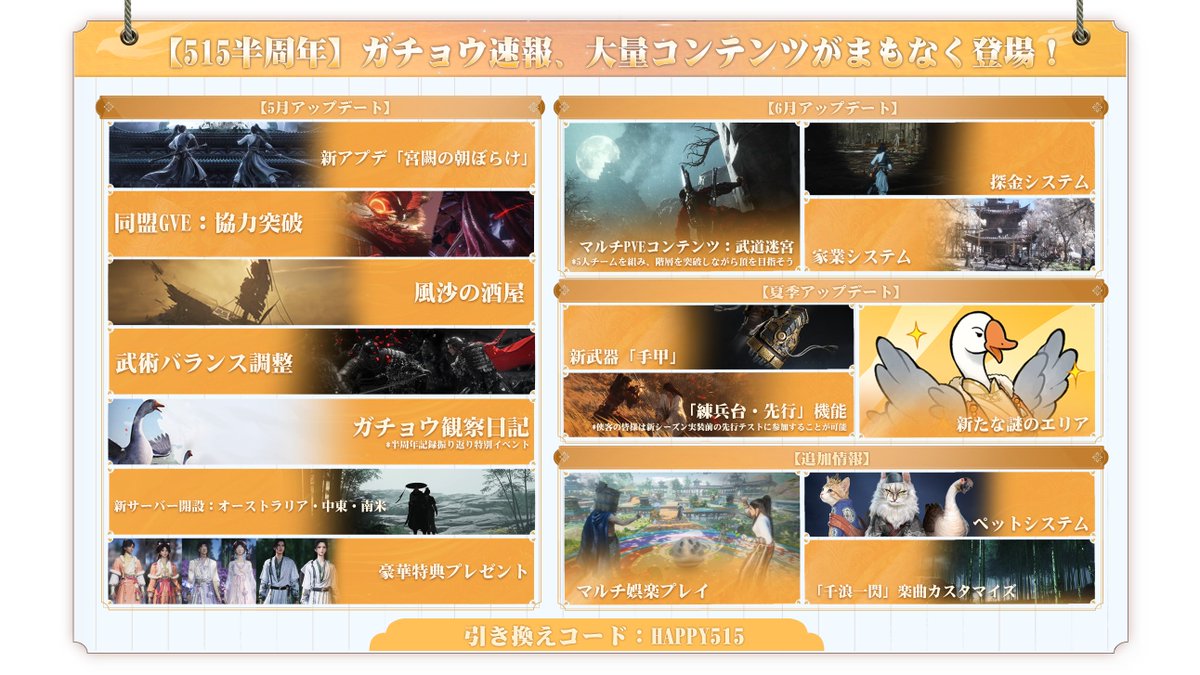 WWM_JP's tweet photo. この半年間、ガーの名采配のもとで、侠客のみんなと一緒に江湖を熱く盛り上げてきた！

5月・6月・夏季アップデートの内容はもちろん、
今後予定している大量の新コンテンツ＆改善情報もまとめてお届け！
さあ、ガーと一緒にチェックしていくぞ！

#風燕伝
#WWM
#WhereWindsMeet https://t.co/pTCkZvSSL2