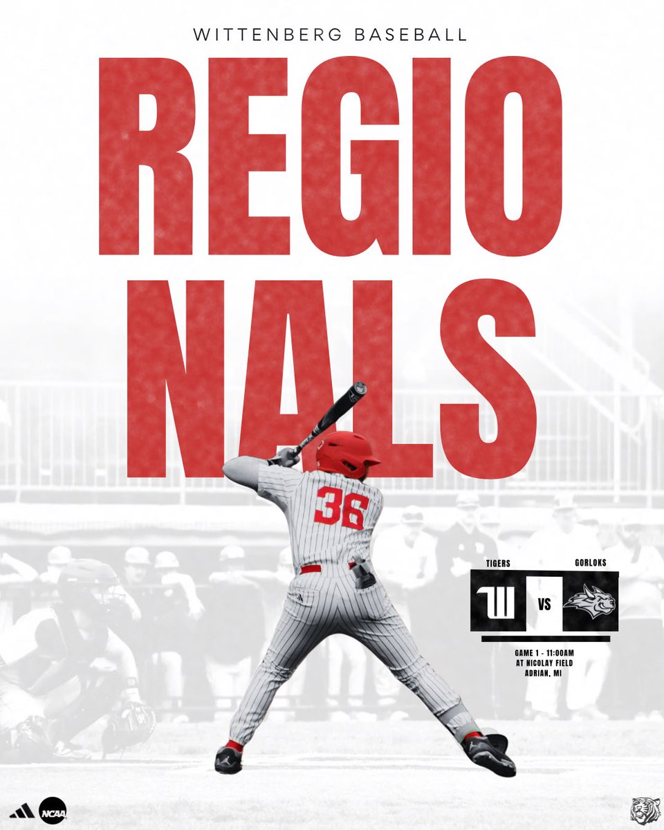 WittenbergUBase's tweet photo. Game one of the NCAA tournament starts TODAY🐅🔥 the Tigers take on the Gorloks of Webster University⚾️

#WittBaseball #BurnTheShips #TigerUp https://t.co/z93bSuEbN7