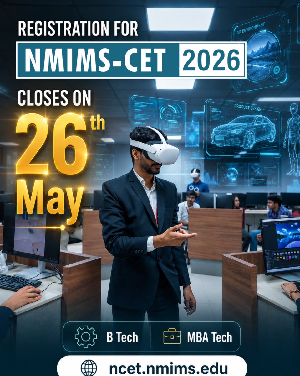nmims_india's tweet photo. Discover B Tech and MBA Tech programmes built to equip students with the skills, knowledge, and industry exposure needed to lead in the world of technology.

Registrations close on 26th May.
Apply Now: https://t.co/B7HfALMP1o

#NMIMS #NMIMSCET #BTech #MBATech https://t.co/eYLGwpt0qO