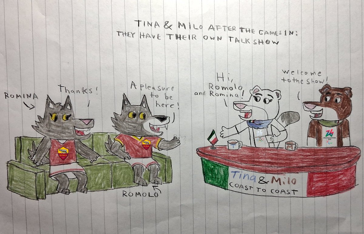 Kenshi_Kitsune's tweet photo. Tina and Milo after the Games: If they had their own talk show...
Tina and Milo Coast to Coast! Their first guests: Romolo and Romina! (AS Roma mascots)
#mascotfanart #mascotverse #tinaandmilo #romolo #romina https://t.co/4sMnog6Hzp