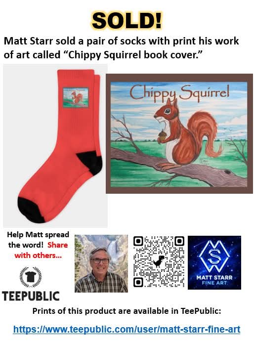 MattStarrFineA1's tweet photo. I recently sold a pair of socks with a print my work of art called “Chippy Squirrel book cover” in my TeePublic art shop.  https://t.co/Iu2i8E5LyP 

#mattstarrfineart #ChippySquirrel #squirrel #squirrels #socks #art #paintings #artforsale #artist #dailyart @TeePublic #artwork https://t.co/WgJreLVvtg