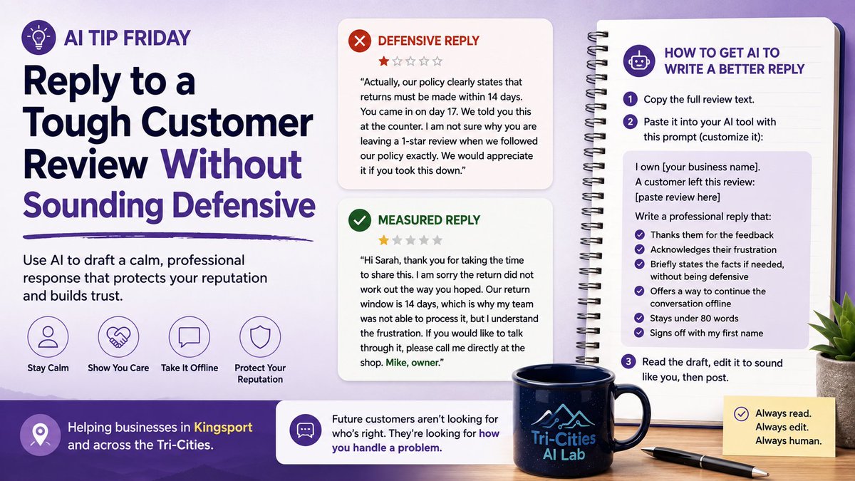 WebTechdl's tweet photo. The worst time to reply to a bad review is the first 10 minutes.

The best use of AI here isn't writing the reply. It's giving you a calm first draft so you don't burn the bridge while you're still upset.

New blog post: https://t.co/ZH3y4V6vZS https://t.co/sPhZnYtVD5