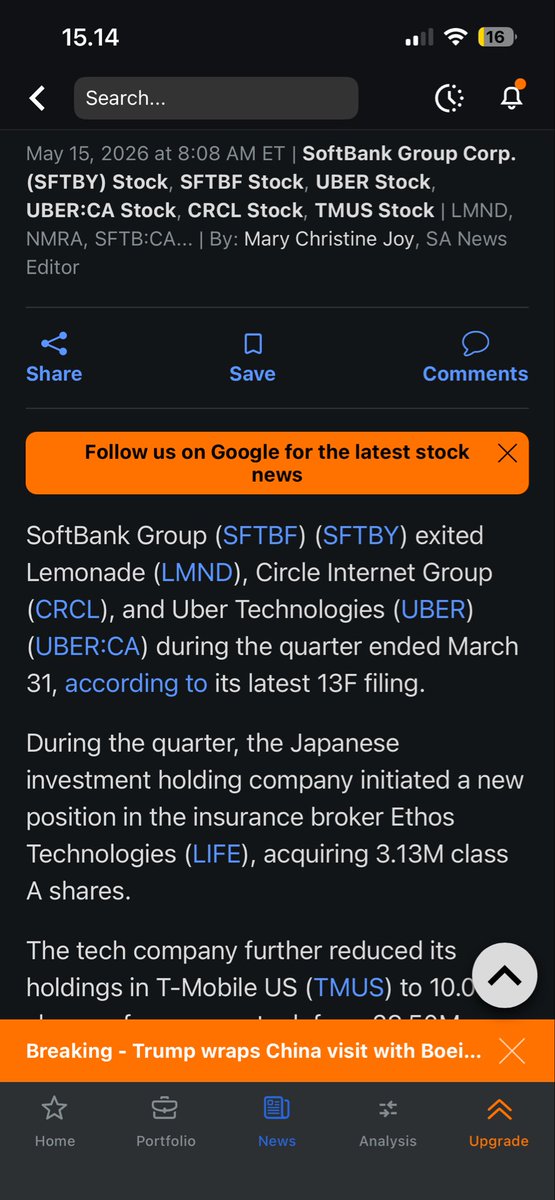 Stickstrom's tweet photo. Softbank sold all of its remaining $LMND shares in Q1. 

They initiated a new position in Ethos, an insurance broker. https://t.co/vpfiwmwsoh