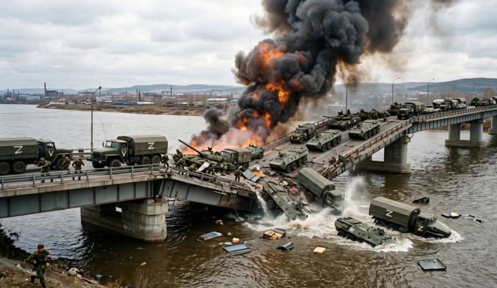 RT by @mikenov: A Ukrainian missile carried out a precise, surgical strike on a bridge just as a large Russian armored convoy was crossing it. The central section of the bridge cracked and collapsed into the water with a deafening roar. Along with the bridge, dozens of pieces of heavy military…