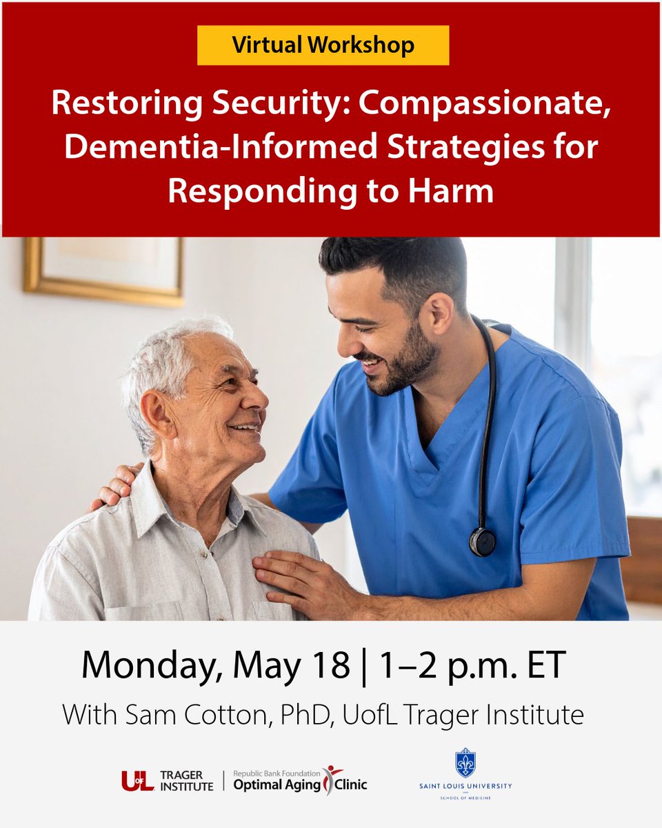 TragerInstitute's tweet photo. Join Sam Cotton, PhD, on Monday, May 18 at 1 p.m. ET, for the virtual caregiver workshop, “Restoring Security: Compassionate Dementia-Informed Strategies for Responding to Harm.” 

Join via Zoom at https://t.co/gwSFYoj4ue. No registration necessary. https://t.co/SLFciIw9Yy