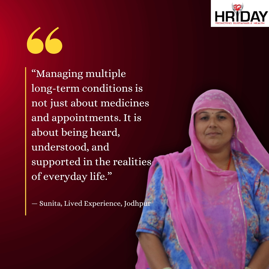 Hriday_Org's tweet photo. Sunita, a security guard from a small village in Jodhpur, was managing more than just her job and household. Over time, she was diagnosed with diabetes, hypertension, and COPD.

But her real struggle wasn’t just medical. It was losing her husband, withdrawing from life, and trying to make sense of multiple illnesses while navigating a system that treated each condition but not her as a whole person.

She was prescribed medicines, advised follow-ups, and given instructions. Yet, like many patients, she struggled with adherence not because she didn’t care, but because no one had fully understood her reality.

Everything changed during a community engagement session. For the first time, she was not just told what to do she was heard. She asked questions, reflected on her journey, and slowly began to regain control over her health.

This is the gap we often miss in public health.
Not access. Not availability. But engagement.

Because adherence doesn’t start with prescriptions.
It starts with conversations.

Learn more about our work: https://t.co/wgzv0HyXWj

@AIIMSJDH @aiims_newdelhi @Bruneluni
@UoNPressOffice @ucl @lborouniversity
@kamleshkhunti @DrMonikaArora

#HRIDAY #PWLE #LivedExperience #NIHRProject #CommunityHealth #NCDs #WomenHealth #DiabetesCare #HypertensionAwareness