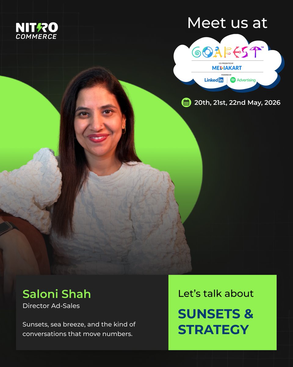 NitroCommerce's tweet photo. Meet Saloni Shah from @NitroCommerce  at @livegoafest @goafestlive1 2026, co-powered by @SkylightMedia , powered by @LinkedIn and @SpotifyAds for conversations over Sunsets &amp; Strategies!
.
@umair_zo @shamail 
.
#goafest #adagency #adtech #martech #linkedin #spotify #agencylife https://t.co/xBHdTCMNnX
