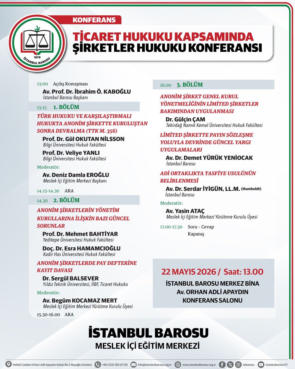 SergulBalsever's tweet photo. “Anonim Şirketlerde Pay Defterine Kayıt Davası” 
konulu tebliğle 22 Mayıs 2026 Cuma günü İstanbul Barosu’nda olacağım. 

Tüm meslektaşlarımı ve ilgilileri beklerim. https://t.co/LAV676UdY3