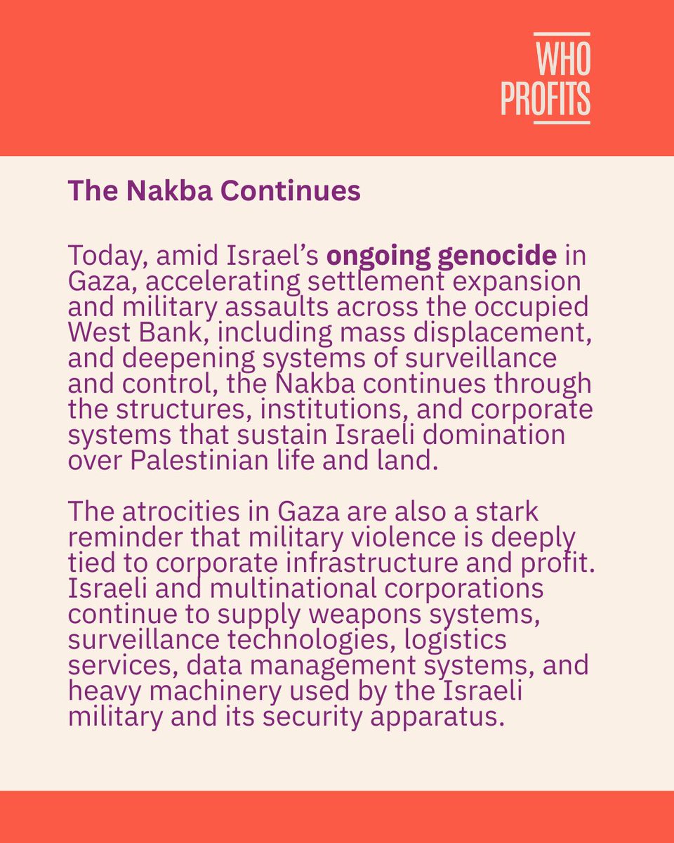 Who_Profits's tweet photo. 2/3 Israeli &amp; international corporations continue to supply the infrastructure, technologies, services, weapons systems, and machinery enabling #IsraeliAprtheid , occupation economy, and ongoing violations of Palestinian rights. https://t.co/pyKXK3aFyU