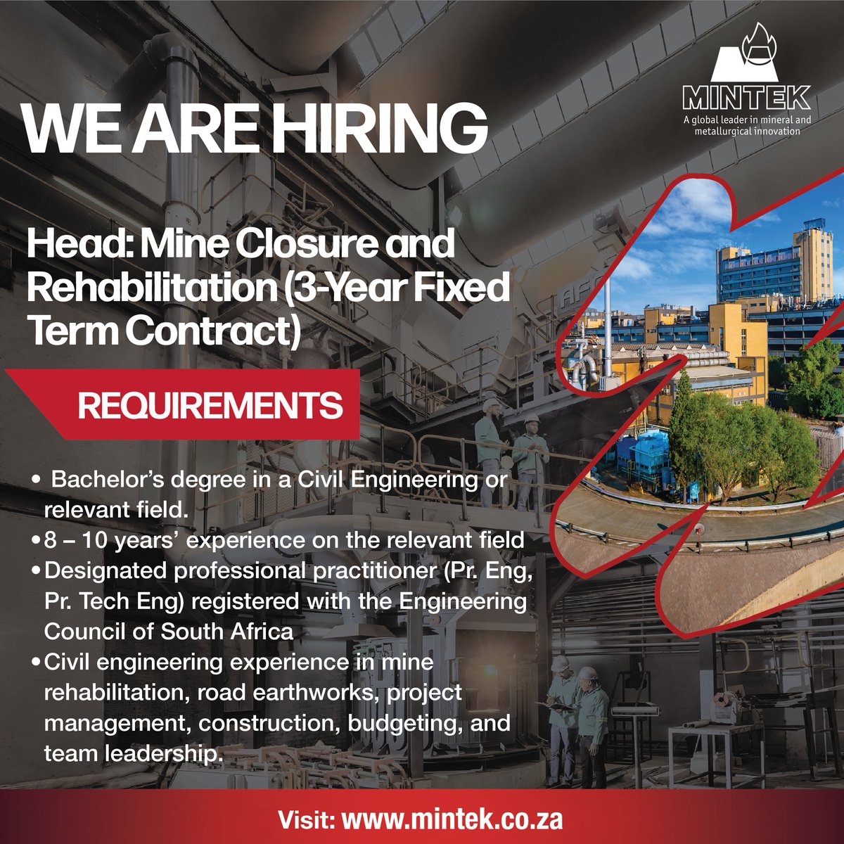 Mintek_RSA's tweet photo. Join the Mintek Team! 

We're on the lookout for talented individuals!

• Occupational Medical Practitioner (Independent Contractor – 3-year contract)
• Head: Mine Closure and Rehabilitation (3-Year Fixed Term Contract)
• Senior Occupational Health Practitioner

Ready to take the next step? Apply now via our Career Portal! https://t.co/qwA3BO58Fz

Didn’t spot your perfect role? Submit your CV anyway, so we can reach out when something fitting opens up.