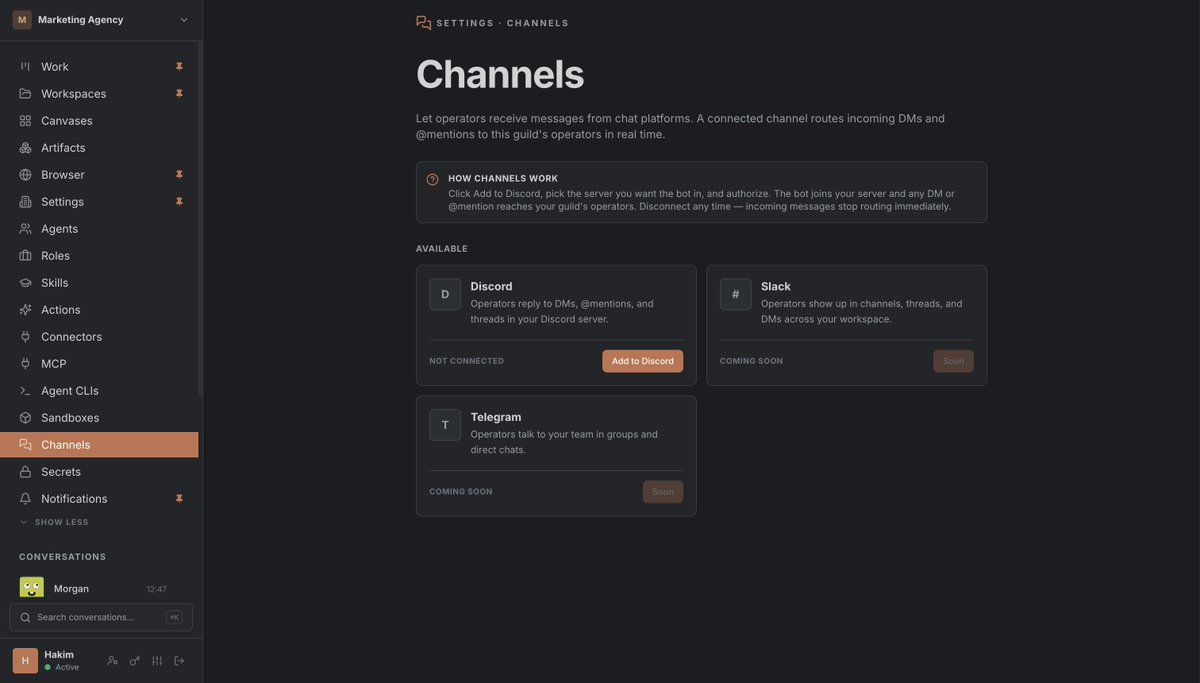 guildework's tweet photo. We built channels to connect any platform and every incoming DM and mention routes to your guild's operators in real time. 

They receive it. They respond. You don't have to be there.

Your AI team is now reachable just like everyone else on the team. https://t.co/keTCMdjcE2