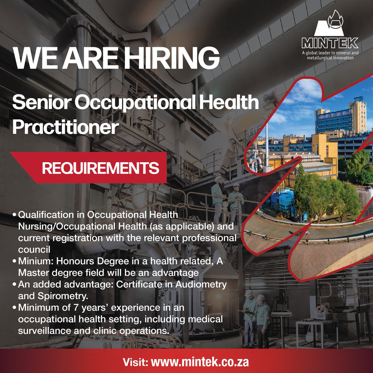 Mintek_RSA's tweet photo. Join the Mintek Team! 

We're on the lookout for talented individuals!

• Occupational Medical Practitioner (Independent Contractor – 3-year contract)
• Head: Mine Closure and Rehabilitation (3-Year Fixed Term Contract)
• Senior Occupational Health Practitioner

Ready to take the next step? Apply now via our Career Portal! https://t.co/qwA3BO58Fz

Didn’t spot your perfect role? Submit your CV anyway, so we can reach out when something fitting opens up.