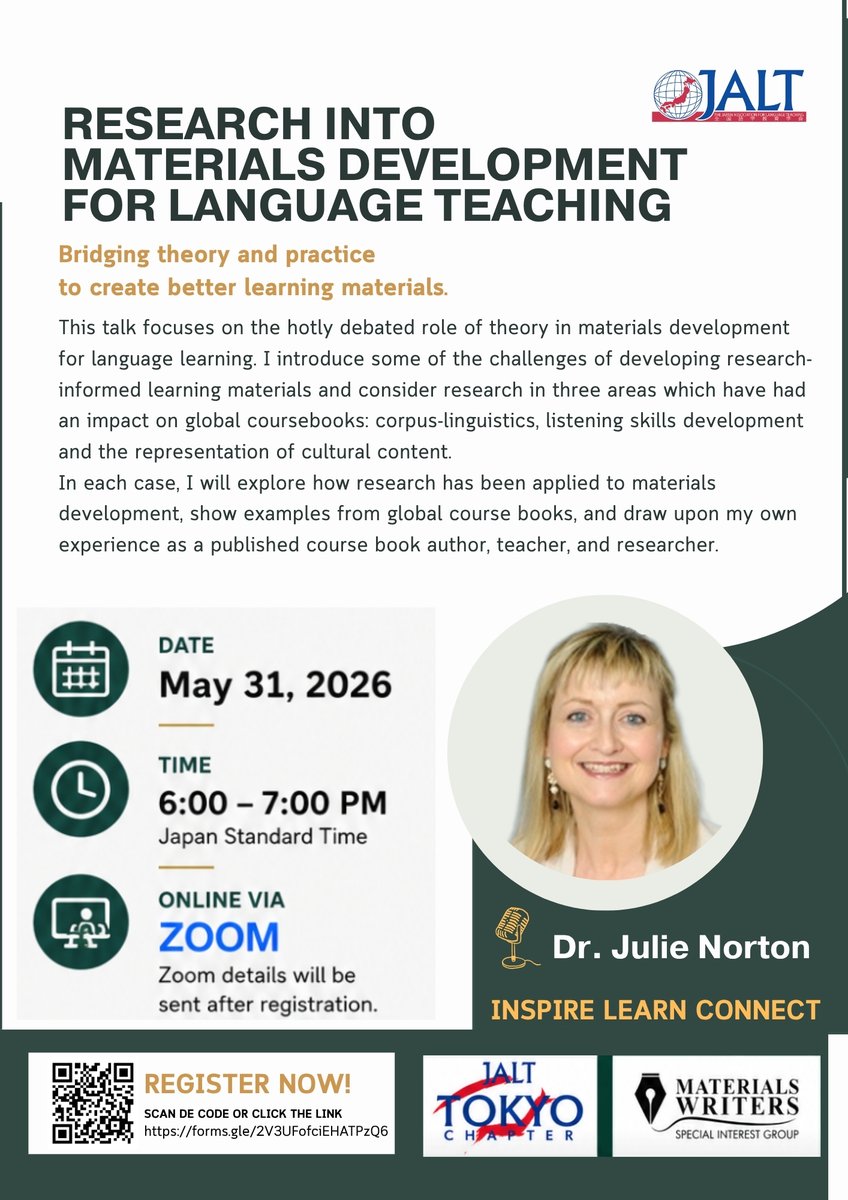 jaltcue's tweet photo. #JALT #JALTTokyo #TokyoChapter #MaterialsWritersSIG #MaterialsDevelopment #LanguageTeaching #ELT #TESOL #EFL #ESL #AppliedLinguistics #TeacherDevelopment #ProfessionalDevelopment #LanguageEducation #EnglishTeaching #MaterialsWriting #Coursebooks #TeacherEducation #OnlineEvent https://t.co/xDfwrZhHzT