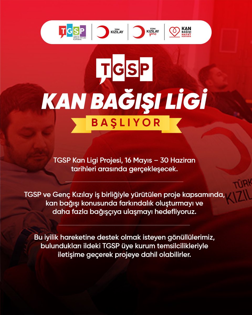 genckizilay's tweet photo. 🩸 TGSP KAN BAĞIŞI LİGİ BAŞLIYOR

15 Mayıs – 30 Haziran tarihleri arasında gençlik STK’larının katılımıyla Türkiye genelinde Kan Bağışı Ligi gerçekleştirilecektir.

Lansman Programı;
📍 Çapa Kan Bağışı Merkezi  
🗓 16 Mayıs Cumartesi
⏰ 10:30 https://t.co/YmQESzaO4I