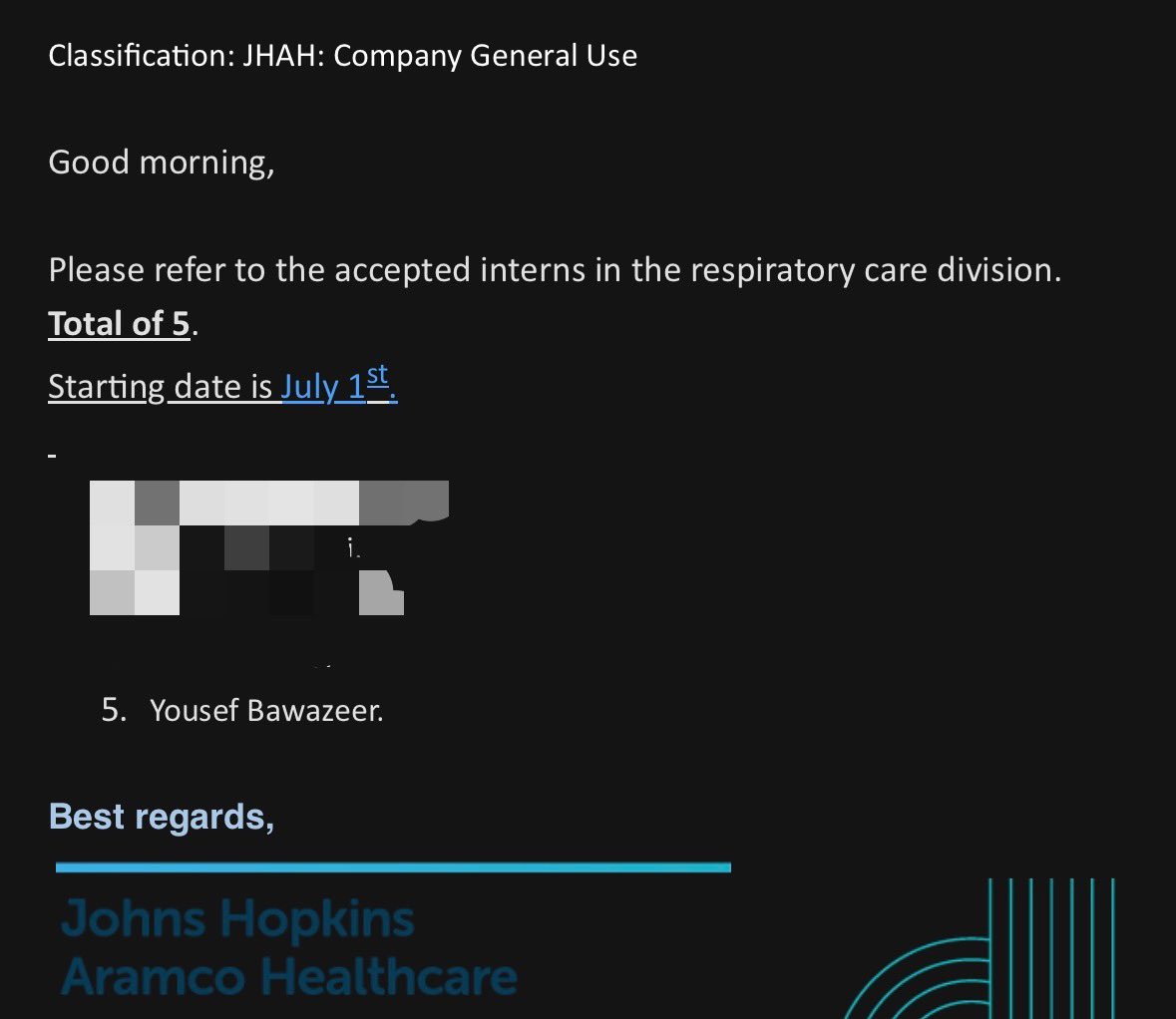 Y_12ab's tweet photo. اللهم لك الحمد حتى ترضى ولك الحمد بعد الرضا ولك الحمد اذا رضيت 🙏🤍
I’m officially an intern at Johns Hopkins https://t.co/IFq87Z502M