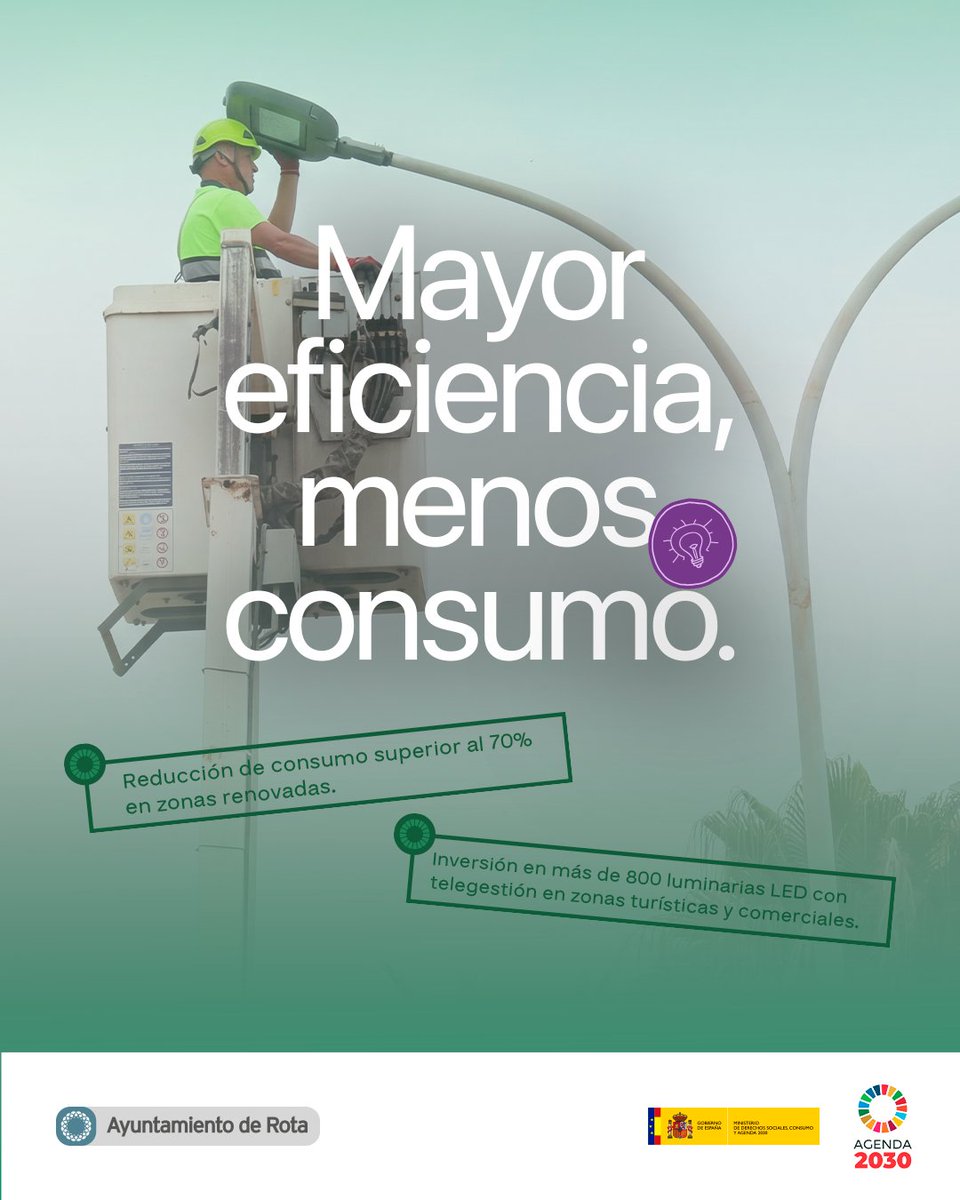 Viva_Rota's tweet photo. Más luz, menos consumo. 💡💡🌍🌍
Rota ahorra más del 70% de energía con 800 nuevas luminarias LED inteligentes. Eficiencia para un entorno sostenible. ⚡
🔗🔗 https://t.co/RCAotnF2Sn #ODSRota2030 #Agenda2030 #Eficiencia https://t.co/QAVdB2XcDo