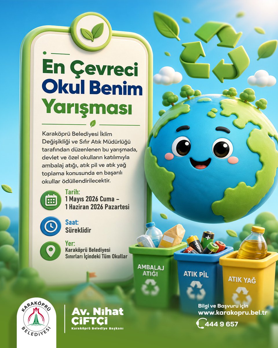 Karakoprubel's tweet photo. Karaköprü Belediyesi İklim Değişikliği ve Sıfır Atık Müdürlüğümüz tarafından düzenlenen “En Çevreci Okul Benim” Yarışması tüm heyecanıyla devam ediyor.

İlçemizdeki devlet ve özel okullarımız; ambalaj atığ��, atık pil ve atık yağ toplama konusunda çevreye duyarlı projeleriyle yarışırken, öğrencilerimiz de geri dönüşüm bilincini geleceğe taşıyor.

🌱 Daha temiz bir çevre, daha yaşanabilir bir gelecek için çevreci okullarımızın mücadelesi sürüyor.

📅 Yarışma 1 Haziran 2026 tarihine kadar devam edecektir.

#Şanlıurfa #KaraköprüBenimEvim #Karaköprü #SıfırAtık