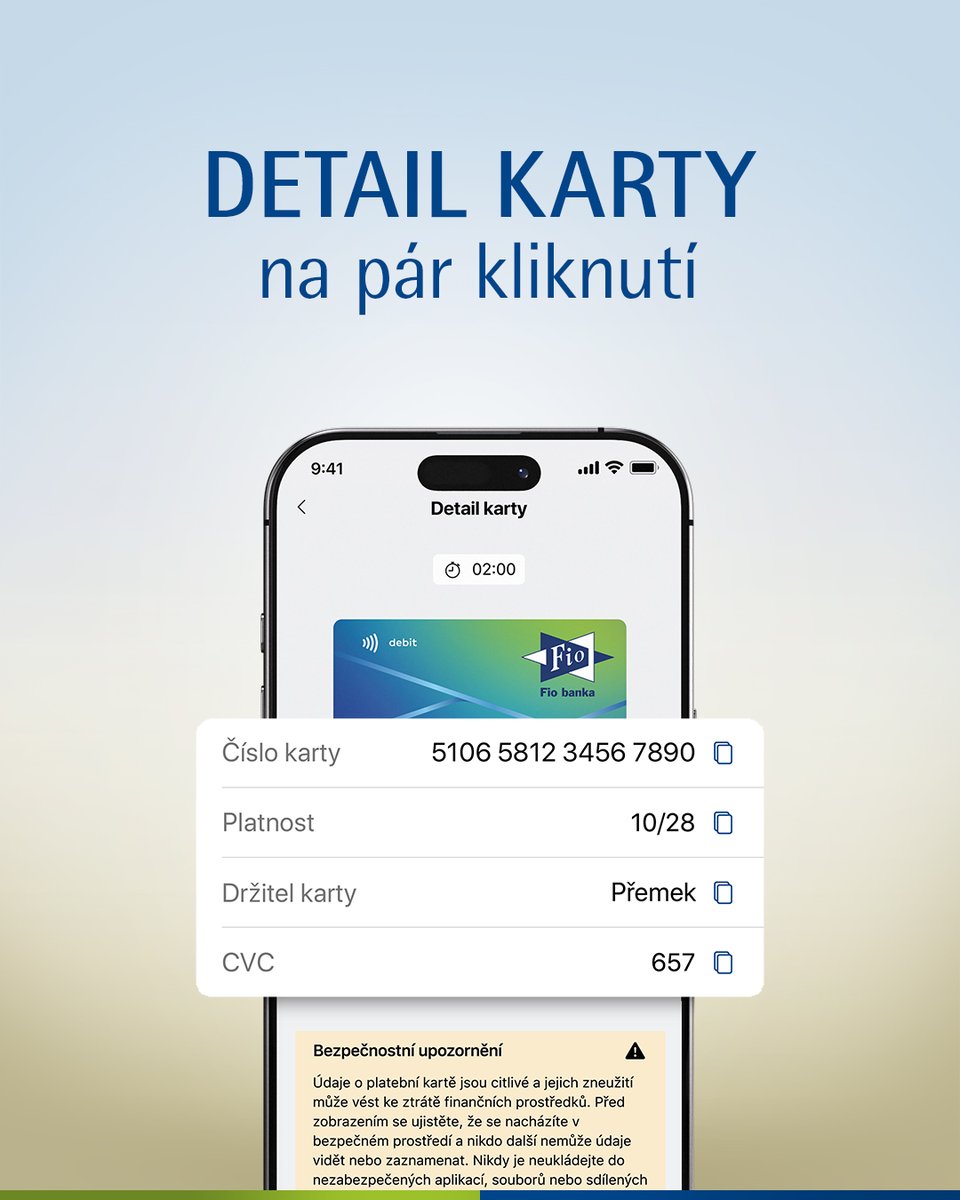 Fio_banka's tweet photo. Nová aktualizace přináší další užitečná vylepšení. Kdykoliv si pohodlně a bezpečně zobrazíte údaje o své platební kartě pro platby na internetu. https://t.co/yh2fzrmQmi https://t.co/QBA69o89iq