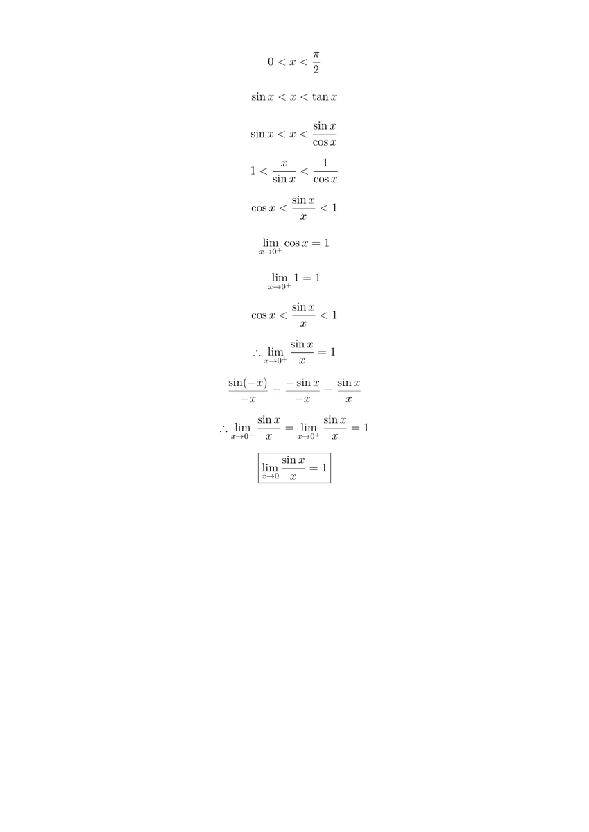 VladimirGurevi2's tweet photo. @Shirahoshi_Fuu it's circular. I like this method for a different reason, it has good intuition related to Euler’s identity: https://t.co/dgqaLPohFJ
But using d/dx with sin/cos already requires knowing facts related to lim sin(x)/x, 
The simplest solution I’ve seen was in some Kolmogorov book https://t.co/gRoRhuLLu9