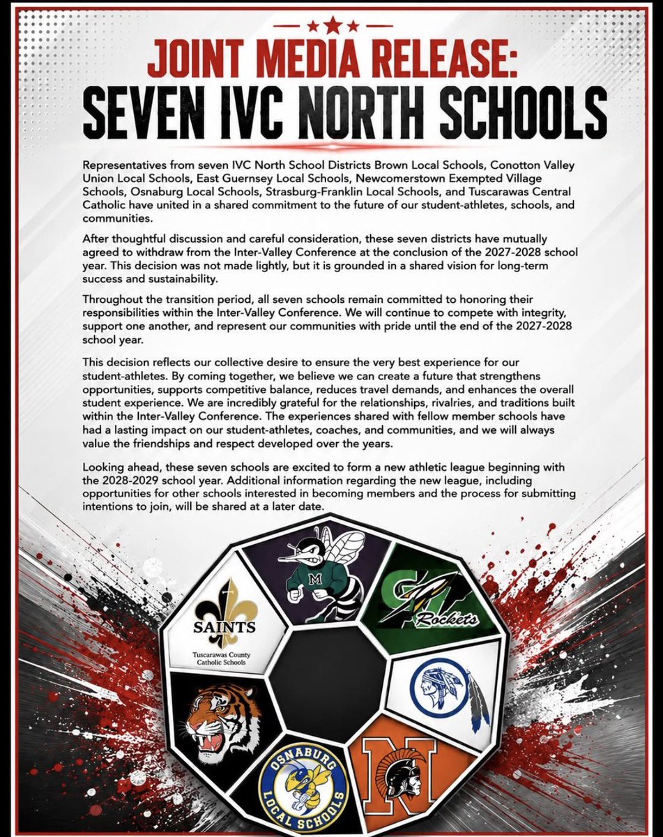 BIG_ZSports's tweet photo. 💥Breaking news💥
The new look @inter_valley is set and will begin in the 2028-29 school year.

@TccSaints , @brownlocal , @CVRockets , @bt_warriors , @StrasburgSports , @EastCantonHS , @NewcomerstownH . https://t.co/G4025Wqv78