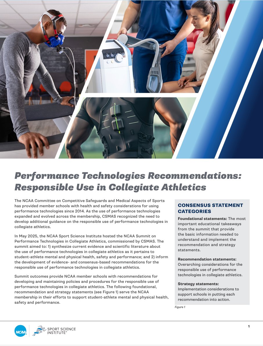NCAA_SSI's tweet photo. New Performance Technologies Recommendations are available to guide responsible use in collegiate athletics.

Focused on student‑athlete health, safety &amp; performance, this resource supports schools in developing thoughtful policies.
📄 https://t.co/sqC5beZ7gw https://t.co/l543ZDe9q4