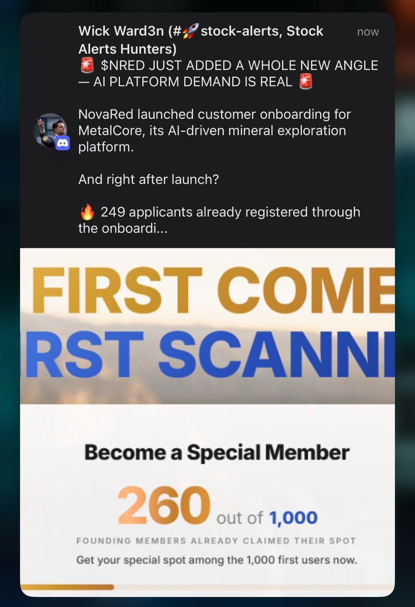 MdRakid19's tweet photo. 🚨 NovaRed Mining Inc CSE: $NRED/ OTC: $NREDF MetalCore waitlist is starting to move, and this is exactly the kind of early signal I like watching.

260/1,000 founding spots are already showing.

Only 740 left.

FIRST COME. FIRST SCANNED.

MetalCore is built around AI-driven mineral exploration: land screening, target scoring, copper, gold and critical mineral potential.

Most people have no easy way to understand what may be under their land. This could change that.

https://t.co/MvBoXsMfXw

Not advice. By the time it’s obvious, it’s already gone.

$SOFI $CTRA $QBTS $WIT $NFLX