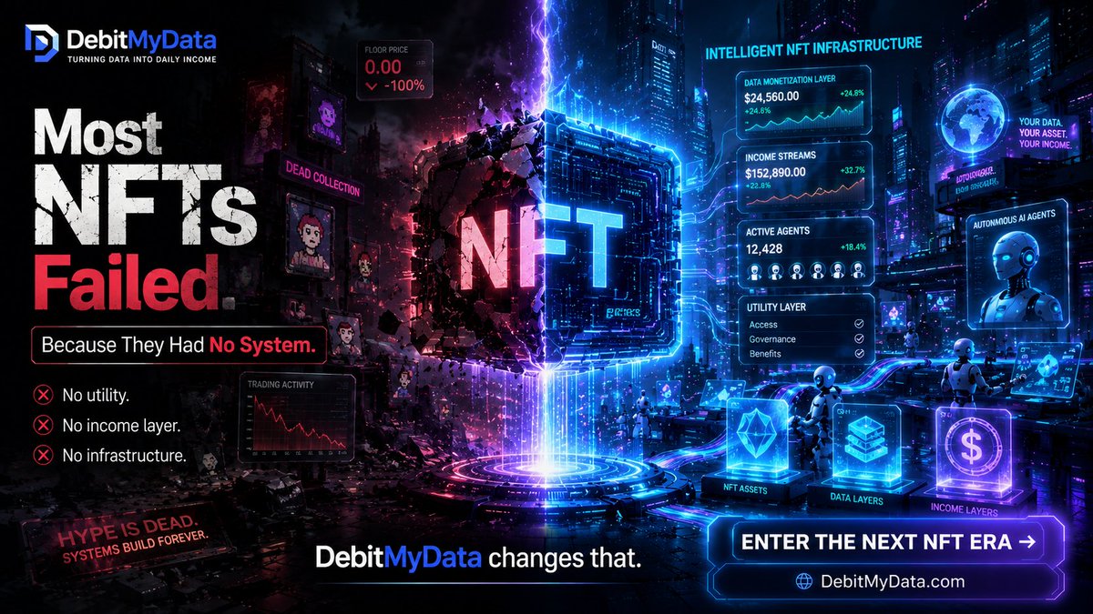 DebitMyDataTV's tweet photo. Most NFTs failed because they had no system behind them.

No utility.
No income layer.

That’s exactly what DebitMyData fixes.

👉 https://t.co/9pP2qmv5ml

#NFTs #Web3 #Crypto #NFTUtility #Blockchain #CryptoEarnings https://t.co/5ilECWgoTv