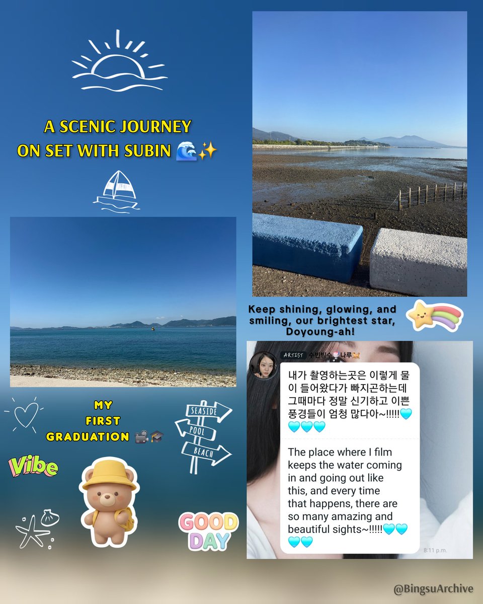 glorenmjabby_19's tweet photo. Blue skies, calm waters, and our brightest star, Subin! 🌊📽 

Fresh set updates from our Doyoung-ah. Looking at these views feels like a warm hug. 🫂🩵 Who else is excited for 'My First Graduation'? 🎓🍀 #ChungSubin #Subin #bingsu🍧 #정수빈 #Doyoung  #MyFirstGraduationCeremony https://t.co/CDhCXEQ1Bw