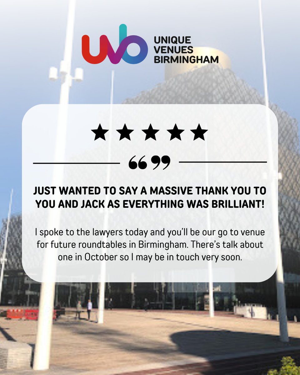 uvbirmingham's tweet photo. #FeedbackFriday! 🌟

Ending the week with another fantastic 5-star client experience. 🙌

Nothing means more to us than hearing that our events leave lasting impressions - and even better when clients can’t wait to return for future events in Birmingham! https://t.co/TGNSuW4Zin