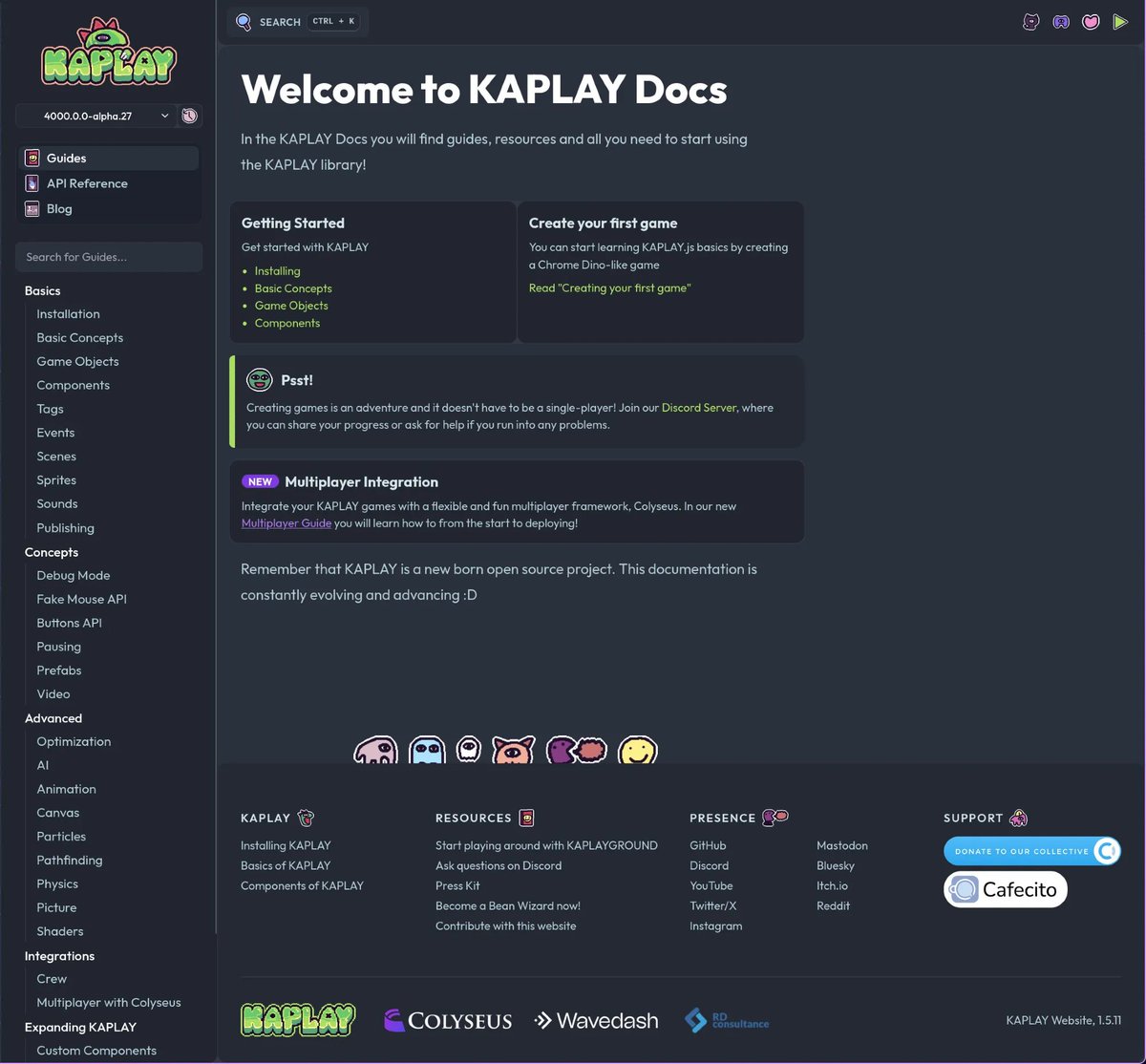 kaplayjs's tweet photo. Create small, composable systems to power your game. KAPLAY is a feature packed game engine: 

 📖 In-depth guides &amp; concepts learning
 🛝 Setup free playground - save &amp; share links 
 📦 Royalty free sprite pack kaplayjs/crew https://t.co/vjBL73TpDO