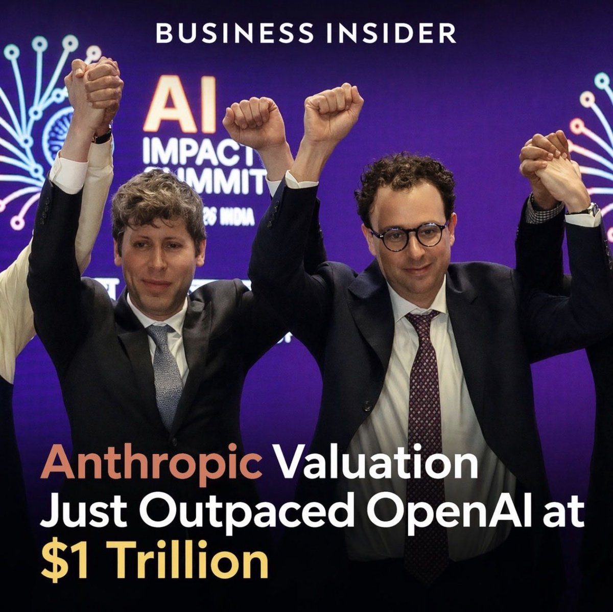 escobyte's tweet photo. OpenAI is worth $880 Billion. Neither company is on the public stock market, this valuation comes from transactions on secondary markets like:

Next Round Capital, Hiive, Forge Global, Augment, UpMarket

𝗙𝘂𝗻 𝗳𝗮𝗰𝘁: Pictured is OpenAI's CEO and Anthropic’s CEO refusing to hold hands at the AI Impact Summit earlier this year while everyone else on stage did.

Anthropic’s CEO is a former OpenAI employee that left because of his concerns around OpenAI’s approach to safety. 

Anthropic's execution has been strategic. Rather than matching OpenAI feature-for-feature, they focused on products with the most practical AI applications today.

They lagged on web search, text-to-speech, and image/video generation, but led with Claude Code (now the most popular coding agent among developers), Claude Cowork (extending the agent paradigm to knowledge work), and Claude Design, all delivering direct real-world value.
