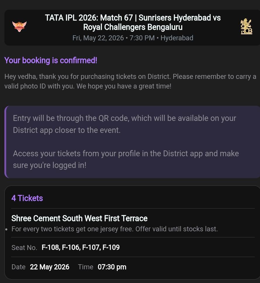 geethan49926's tweet photo. Srh vs Rcb 🧡⚔️❤️
Final clash at Hyderabad 
Multiple Tickets available 💯
 North 1st Terrace 
south west 1st Terrace
South West 2nd Terrace 
Available 💯
Contact 9600597514
#srhtickets #rcbtickets #srhvsrcb
#RCBvsSRH #rcb #srh #hyderabad 
#ipltickets #ipl2026 #bengaluru #virat https://t.co/Zd2ub1scoJ