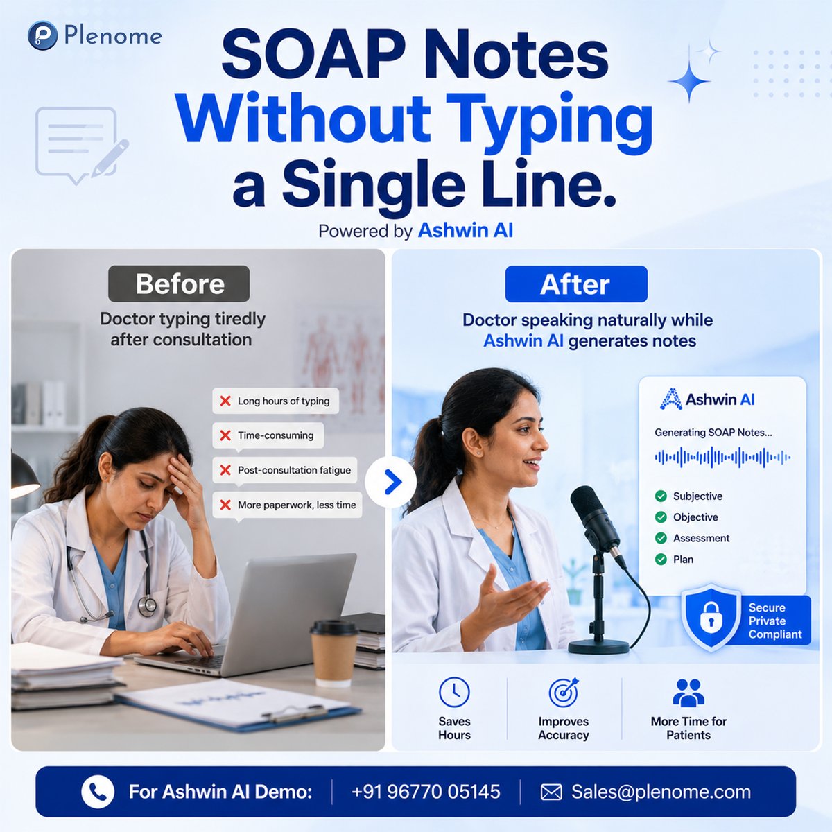Plenometech's tweet photo. What if SOAP notes could write themselves? Ashwin AI makes it possible.

Better workflows for doctors. Better experiences for patients.

#Plenome #AshwinAI #Clinics #Doctors #Hospitals #VoiceAI #MultilingualAI #HealthcareAI #HealthTech #DigitalHealth #MedicalInnovation #ClinicalDocumentation #IndianStartups #AIStartups #IndiaAI #OPD #EMR #AgenticAI #DigitalIndia #ChiefMedicalOfficers #eGovernance #PopulationHealth #Web3 #BlockchainStartups #HealthcareProductivity