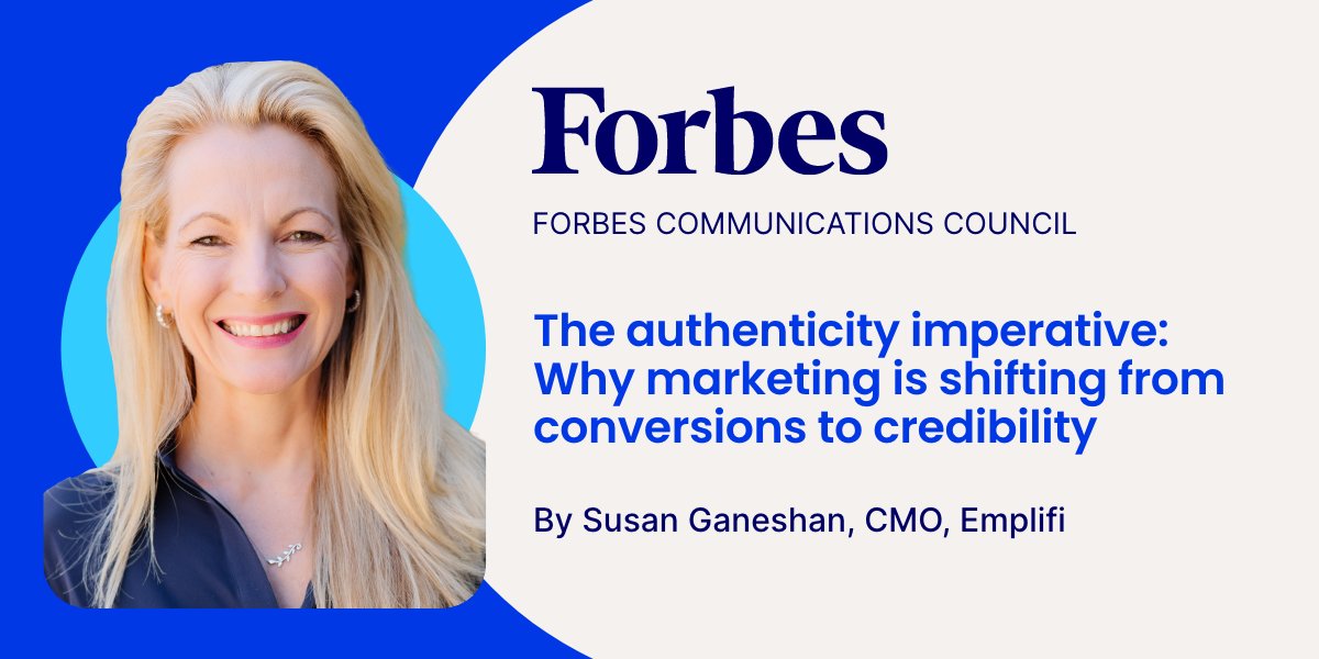 emplifi_io's tweet photo. Marketing is shifting beyond conversions to building credibility.

In this Forbes article, our CMO Susan Ganeshan explores why authenticity, trust, and real human connection are now the key drivers of brand growth in an AI-powered world.

A timely read for anyone thinking about the future of marketing, customer experience, and social strategy.

#MarketingStrategy #BrandTrust #CustomerExperience #DigitalMarketing