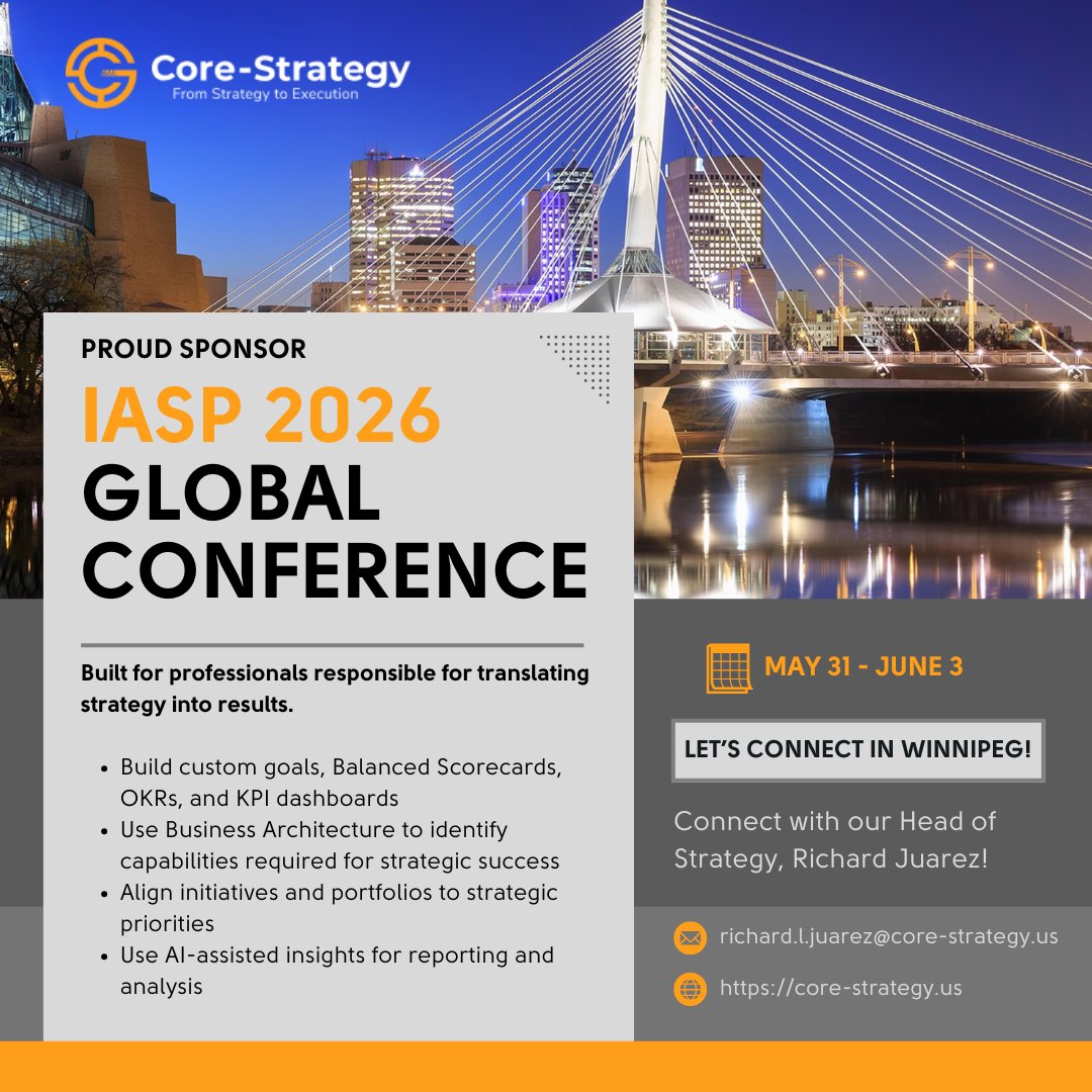 Core_CSI's tweet photo. Proud to sponsor the IASP World Conference 2026 in Winnipeg! Connect with our Head of Strategy, Richard Juarez to see how Core-Strategy connects strategy, capabilities, and execution. 👉https://t.co/7BTFSNXtYR  #IASP2026 #StrategyExecution https://t.co/rBKAsZLJzt