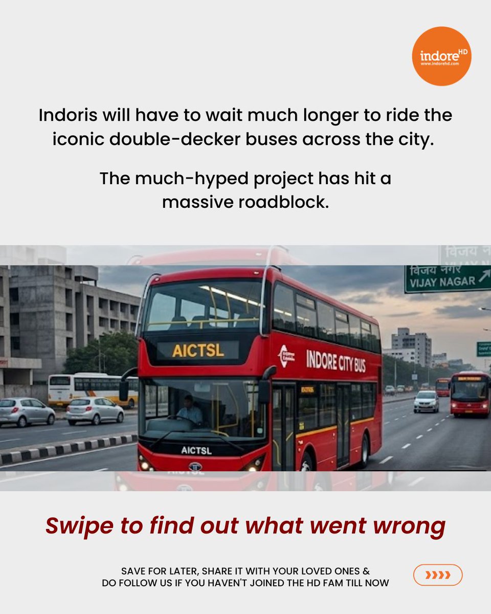 IndoreHD's tweet photo. Indore’s Double-Decker bus plan is officially on hold 3 failed tenders + ₹2 Cr per bus = no buyers.
Meanwhile, AICTSL is expanding big with 40 new E-buses, 110 more coming &amp; a 1,700+ bus vision across 8 districts ⚡
Double-Decker or E-buses - what should Indore choose? 
#Indore https://t.co/N4gTuyXB9w
